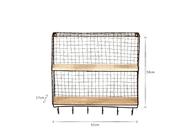 The nkuku Tamba Shelf with Hooks features a rust finish, two mango wood shelves, six hooks at the bottom, and measures 58cm high, 61cm wide, and 17cm deep. Shown wall-mounted against a white background.