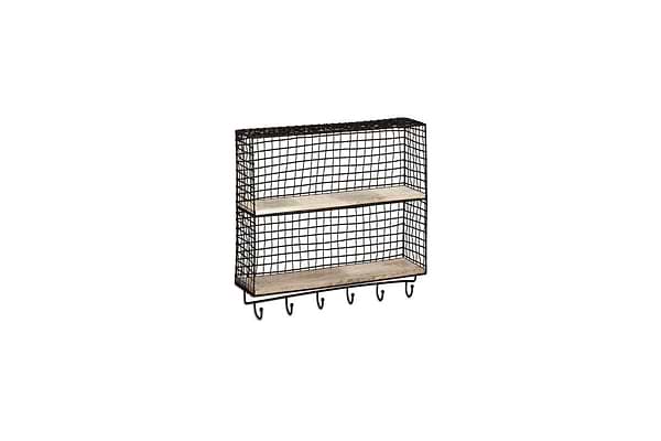 The nkuku Tamba Shelf with Hooks features two mango wood shelves, six hooks, and a black grid-pattern wire frame for minimalist, industrial storage and organization. Wall-mounted design.