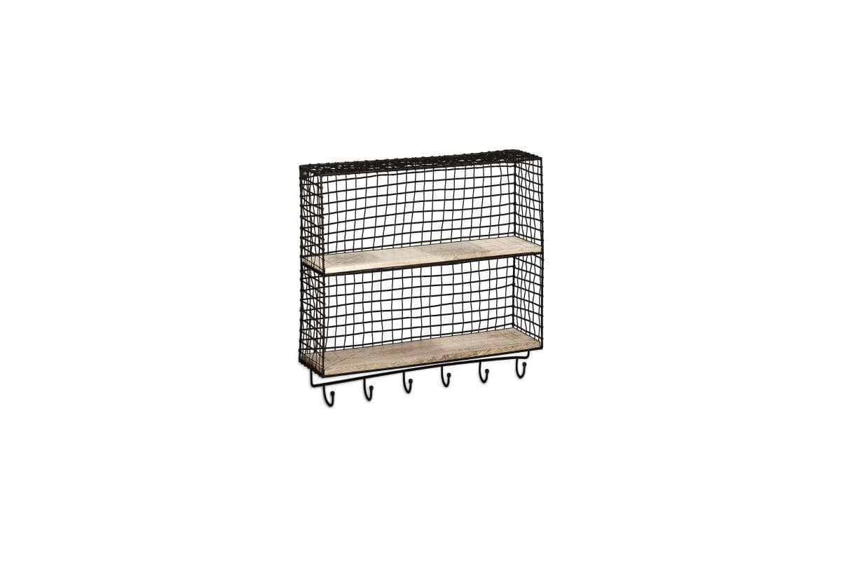 The nkuku Tamba Shelf with Hooks features two mango wood shelves, six hooks, and a black grid-pattern wire frame for minimalist, industrial storage and organization. Wall-mounted design.