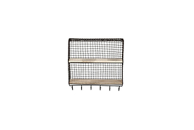 The nkuku Tamba Shelf with Hooks is a black wire wall unit featuring two mango wood shelves, five metal hooks below, and a grid pattern for an industrial, minimalist look. Shown against a plain white background.