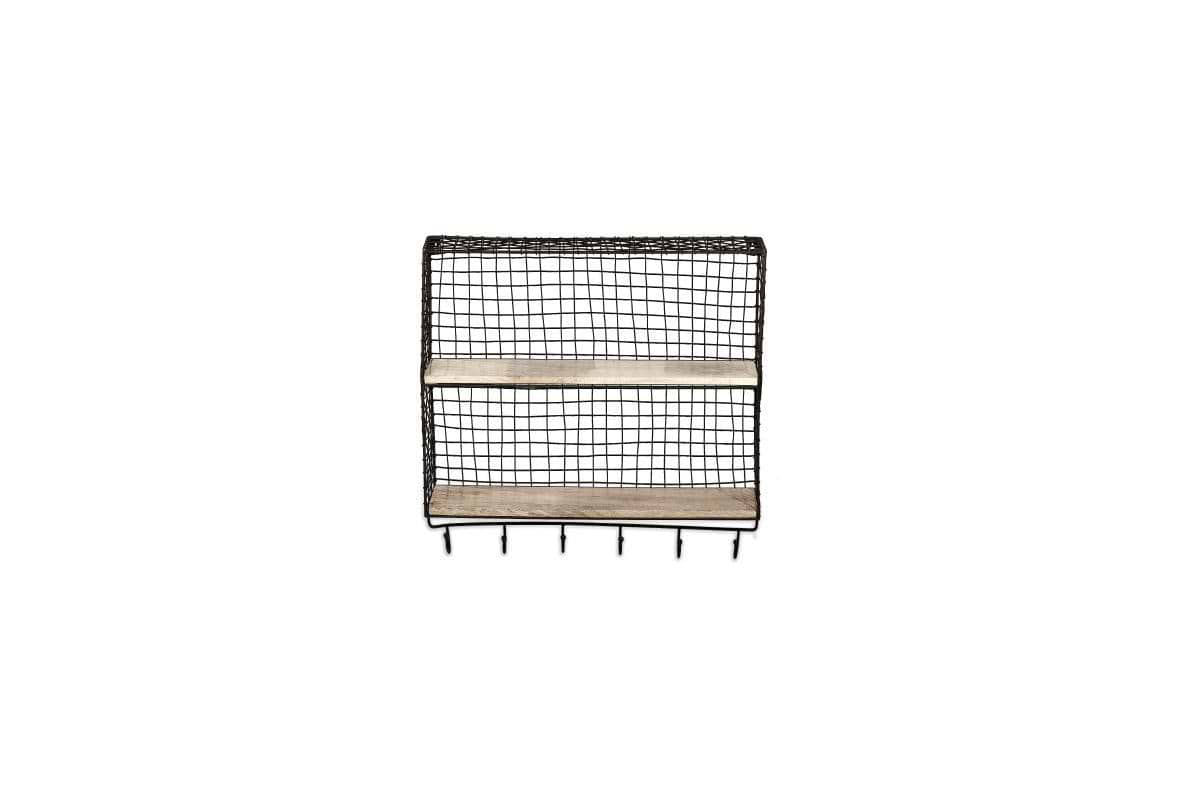 The nkuku Tamba Shelf with Hooks is a black wire wall unit featuring two mango wood shelves, five metal hooks below, and a grid pattern for an industrial, minimalist look. Shown against a plain white background.
