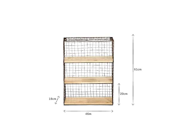 The nkuku Tamba Wall Hung Shelf features three tiers of mango wood shelves on a black wire frame. It measures 61cm (H), 46cm (W), and 20cm (D), with each shelf spaced 18cm apart. Dimensions are shown by arrows on a white background.