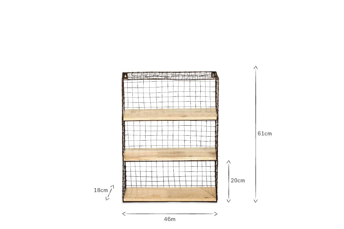 The nkuku Tamba Wall Hung Shelf features three tiers of mango wood shelves on a black wire frame. It measures 61cm (H), 46cm (W), and 20cm (D), with each shelf spaced 18cm apart. Dimensions are shown by arrows on a white background.