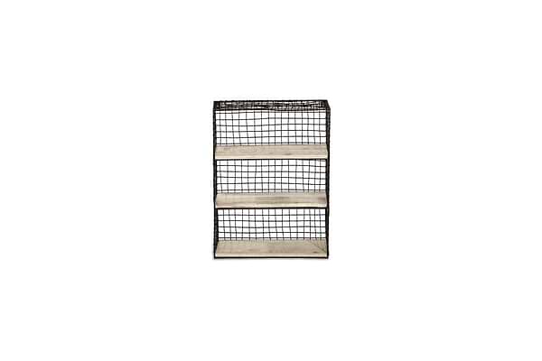 The nkuku Tamba Wall Hung Shelf features a black metal grid frame and three evenly spaced, light mango wood shelves. Photographed centered against a white background.