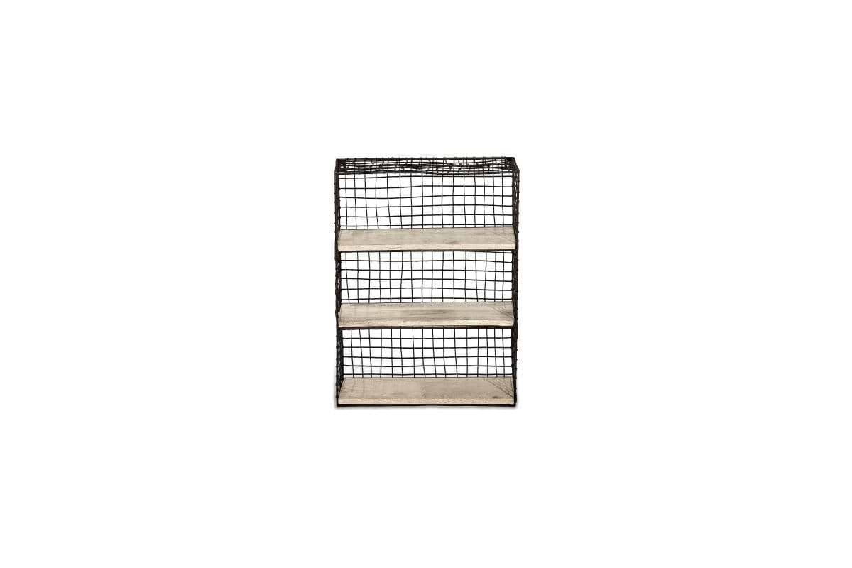 The nkuku Tamba Wall Hung Shelf features a black metal grid frame and three evenly spaced, light mango wood shelves. Photographed centered against a white background.