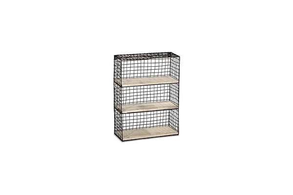 The nkuku Tamba Wall Hung Shelf features a rectangular, three-tiered metal wire grid frame with three light mango wood shelves, creating an industrial minimalist look with open sides and back.