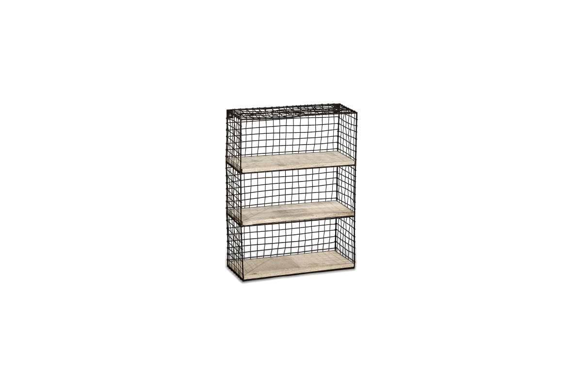 The nkuku Tamba Wall Hung Shelf features a rectangular, three-tiered metal wire grid frame with three light mango wood shelves, creating an industrial minimalist look with open sides and back.