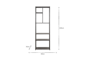 The nkuku Tanvi Display Shelf - Black - Narrow is a tall, slim metal unit with five varied shelves, measuring 180cm high, 60cm wide, and 36cm deep—ideal for organizing or use as a sleek divider in any space.