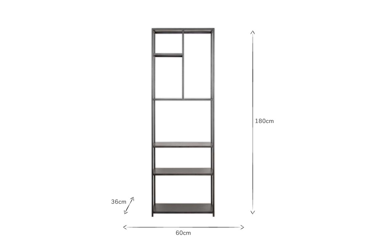 The nkuku Tanvi Display Shelf - Black - Narrow is a tall, slim metal unit with five varied shelves, measuring 180cm high, 60cm wide, and 36cm deep—ideal for organizing or use as a sleek divider in any space.