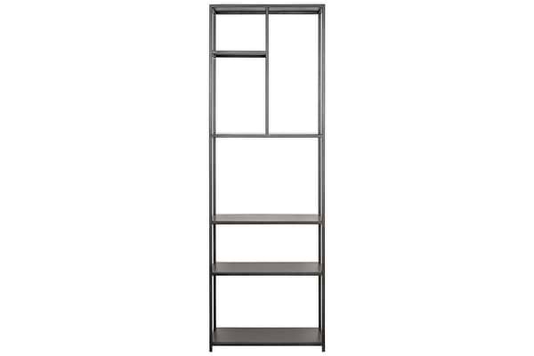 The Tanvi Display Shelf - Black - Narrow by nkuku features a tall, rectangular metal frame with three lower shelves and four upper compartments. Its dark gray finish offers minimalist style, ideal as a narrow display shelf or modern room divider.