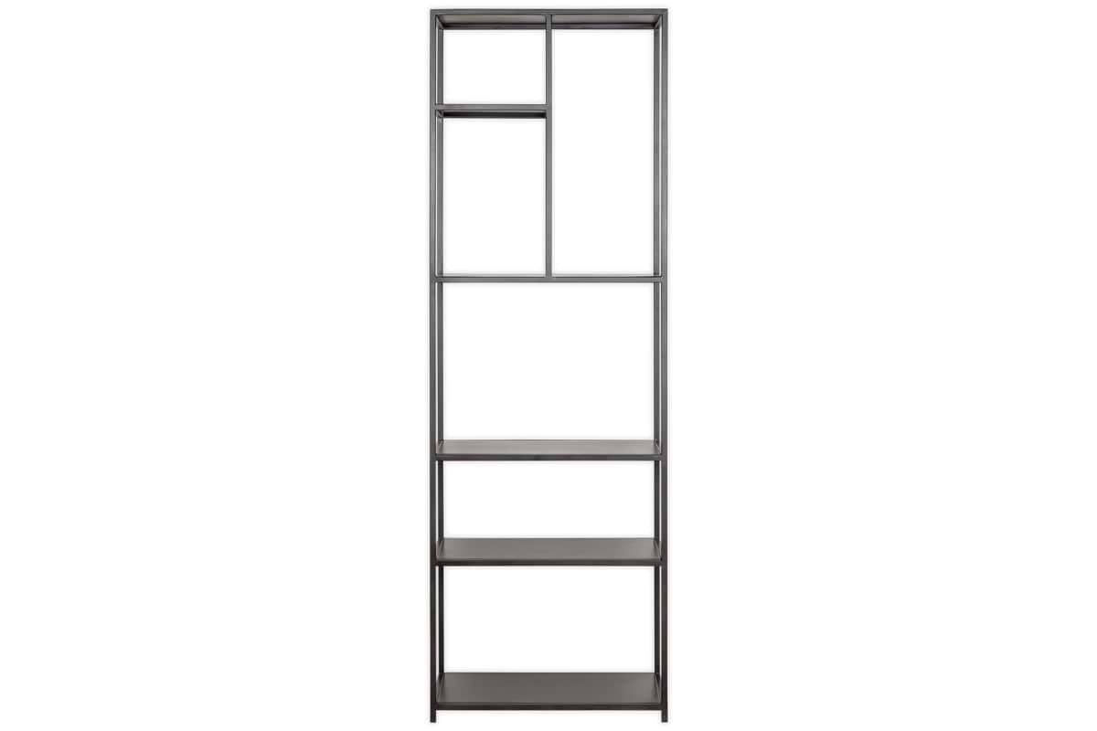 The Tanvi Display Shelf - Black - Narrow by nkuku features a tall, rectangular metal frame with three lower shelves and four upper compartments. Its dark gray finish offers minimalist style, ideal as a narrow display shelf or modern room divider.
