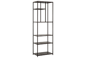 The Tanvi Display Shelf - Black - Narrow by nkuku features a tall, black metal frame with four rectangular shelves and an open, minimalist design—ideal as a modern room divider or narrow display shelf.