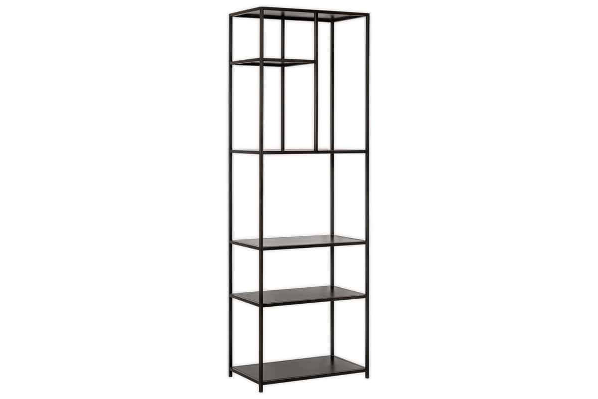The Tanvi Display Shelf - Black - Narrow by nkuku features a tall, black metal frame with four rectangular shelves and an open, minimalist design—ideal as a modern room divider or narrow display shelf.
