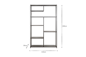 The Tanvi Display Shelf - Black - Wide by nkuku is a tall, rectangular black metal shelf with open, asymmetrical shelves. Measuring 180x110x36 cm, it offers a modern geometric look—ideal as a room divider or industrial shelving. White background.