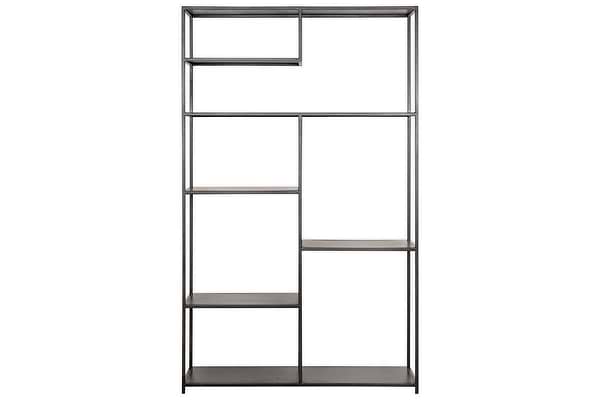 The Tanvi Display Shelf - Black - Wide by nkuku features a tall, minimalist design with a black metal frame and asymmetrical open shelves—perfect as a modern display shelf or stylish room divider.