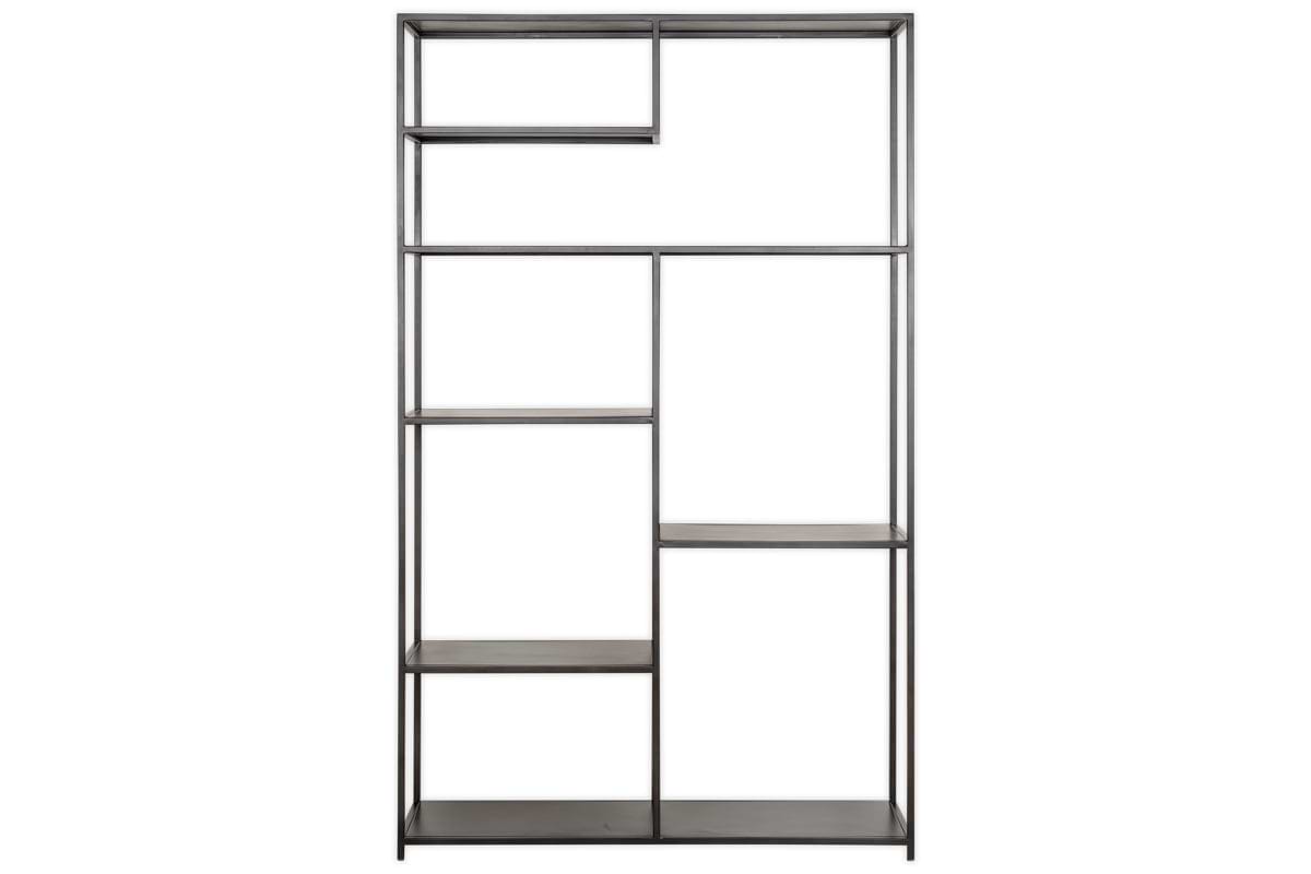 The Tanvi Display Shelf - Black - Wide by nkuku features a tall, minimalist design with a black metal frame and asymmetrical open shelves—perfect as a modern display shelf or stylish room divider.