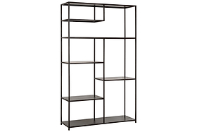 The Tanvi Display Shelf - Black - Wide by nkuku features an open, asymmetrical black metal design with multiple rectangular shelves—ideal as a stylish room divider for a geometric, minimalist look with its slim frame and wide display.