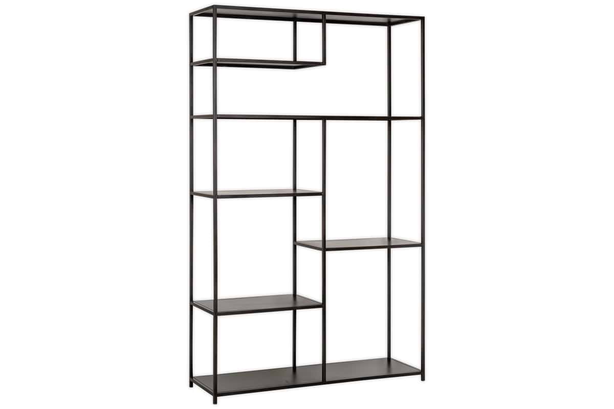 The Tanvi Display Shelf - Black - Wide by nkuku features an open, asymmetrical black metal design with multiple rectangular shelves—ideal as a stylish room divider for a geometric, minimalist look with its slim frame and wide display.