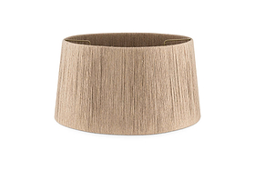 The Tiwa Woven Jute Lampshade - Natural by nkuku features a drum-shaped silhouette in beige, crafted from natural jute fibres that bring subtle texture and warmth to any space. Showcasing a vertical, textured pattern reminiscent of rustic lighting, this lampshade is pictured against a plain white background with its top opening visible to reveal part of the interior metal frame.