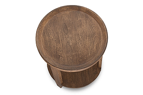 The Triveni Mango Wood Side Table by nkuku features a smooth, natural wood grain and circular lower shelf. With a rich walnut stain, three legs, and rustic design, this round table adds warmth and style to any space.