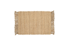 The nkuku Tunda Jute Doormat in natural beige showcases a chunky woven pattern and short fringe on the ends. This durable rectangular mat is displayed on a plain white background.