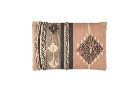 Rectangular cushion cover by nkuku in earthy tones, featuring vertical beige and brown patterns on the left and a large diamond motif on the right. Rustic and tribal-inspired, it pairs perfectly with other Tussi Sia Cushion Covers in Dusty Pink.