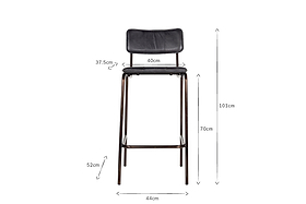 Front view of the nkuku Ukari Counter Chair - Aged Black, buffalo leather with cushioned seat and back. Dimensions shown: seat width 40cm, depth 37.5cm, total height 101cm, seat height 70cm, back legs 52cm, base width 44cm. White background.