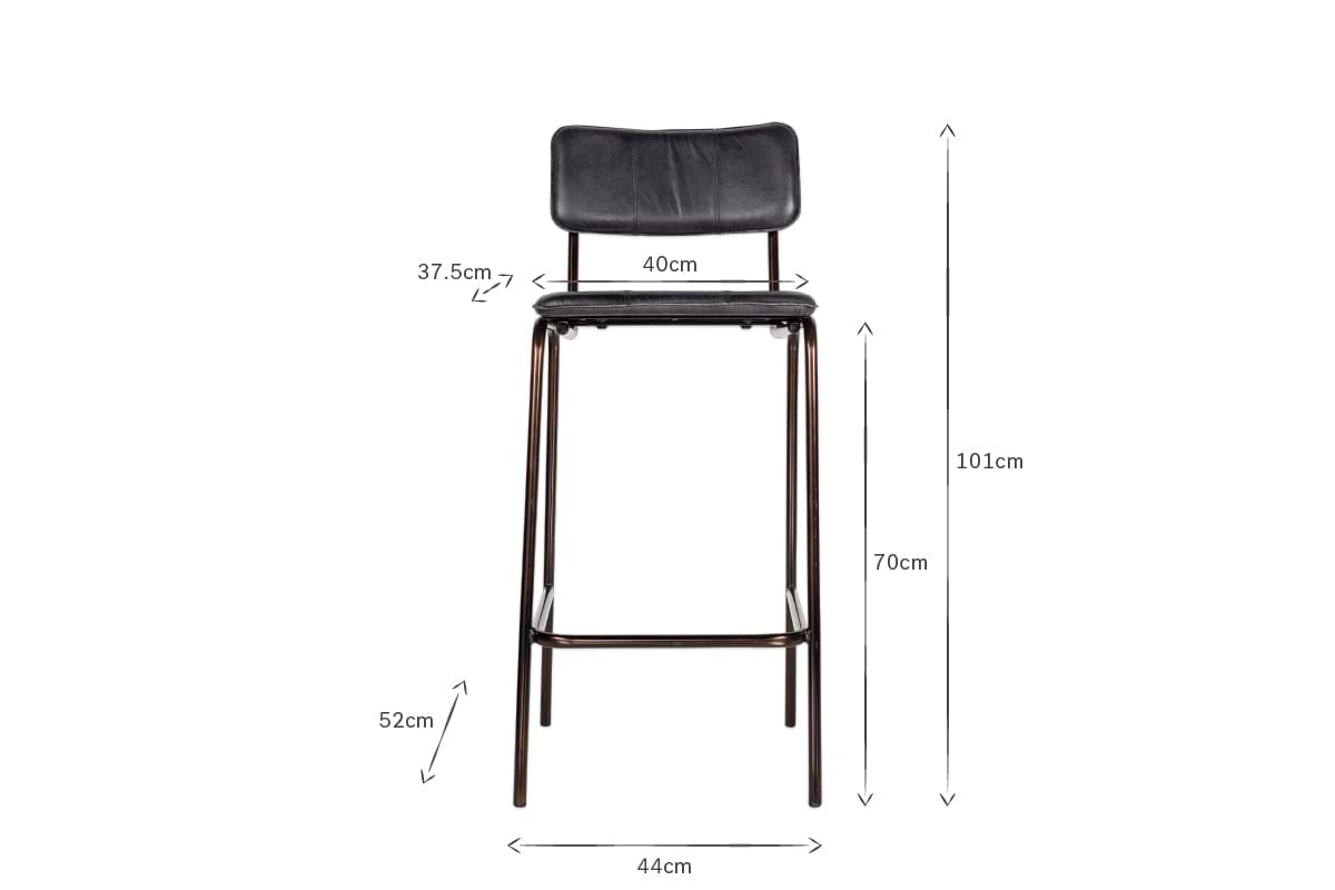 Front view of the nkuku Ukari Counter Chair - Aged Black, buffalo leather with cushioned seat and back. Dimensions shown: seat width 40cm, depth 37.5cm, total height 101cm, seat height 70cm, back legs 52cm, base width 44cm. White background.