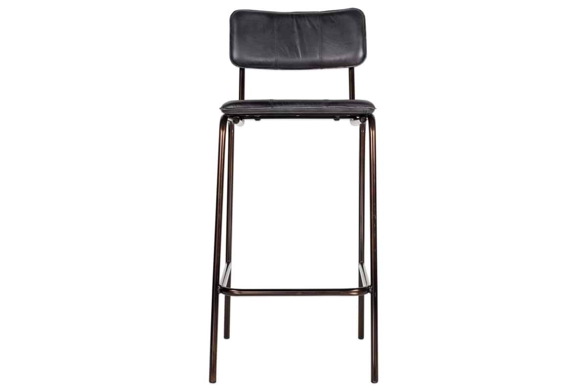 The nkuku Ukari Counter Chair - Aged Black features a curved back and rectangular seat in aged-black leather, set on a dark metal frame and legs for a modern, counter-height design.