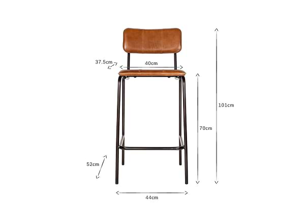 The Ukari Counter Chair - Aged Tan by nkuku features a handmade buffalo leather seat on a sturdy metal frame, measuring 101cm high, 70cm seat height, 40cm wide seat, and 44cm wide base.