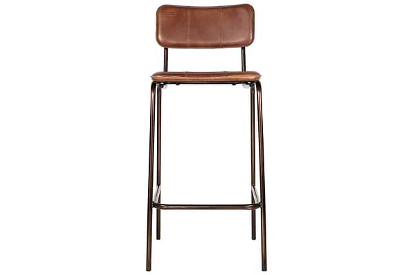 The nkuku Ukari Counter Chair in Chocolate Brown features a padded seat and backrest, slender black metal legs, and a footrest bar for comfort in a sleek, modern design.