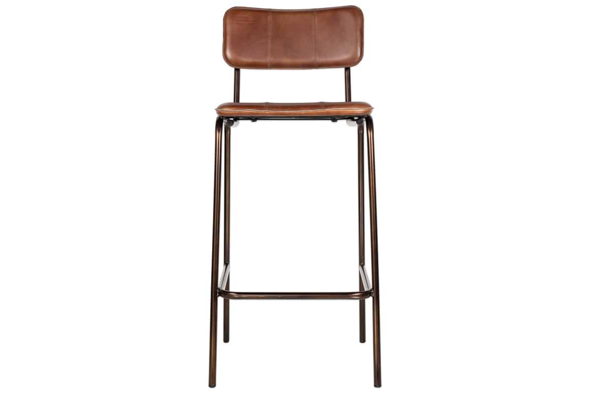 The nkuku Ukari Counter Chair in Chocolate Brown features a padded seat and backrest, slender black metal legs, and a footrest bar for comfort in a sleek, modern design.