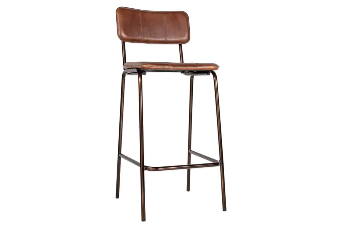 The nkuku Ukari Counter Chair in chocolate brown features a rectangular backrest and seat in dark leather, supported by slim dark metal legs with a crossbar footrest.
