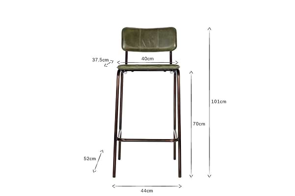 The nkuku Ukari Counter Chair - Rich Green features a padded leather backrest and seat, slim dark metal legs, and footrest. Dimensions: backrest height 37.5cm, seat width 40cm, overall height 101cm, leg height 70cm, width 44cm.