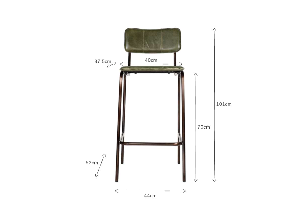 The nkuku Ukari Counter Chair - Rich Green features a padded leather backrest and seat, slim dark metal legs, and footrest. Dimensions: backrest height 37.5cm, seat width 40cm, overall height 101cm, leg height 70cm, width 44cm.
