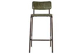 The Ukari Counter Chair - Rich Green by nkuku features a padded green leather seat and backrest, slender dark metal legs, and a simple footrest for a sleek, modern industrial look.