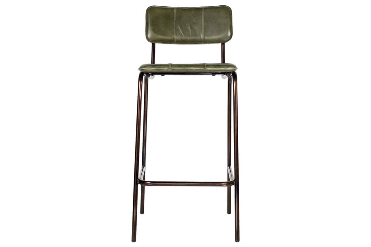 The Ukari Counter Chair - Rich Green by nkuku features a padded green leather seat and backrest, slender dark metal legs, and a simple footrest for a sleek, modern industrial look.