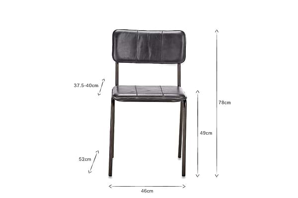 The nkuku Ukari Leather Dining Chair in Aged Black features buffalo leather upholstery, stitched detail on a rectangular backrest and seat, slim metal legs, and measures 78cm high, 46cm wide, 52cm deep; seat height is 49cm.