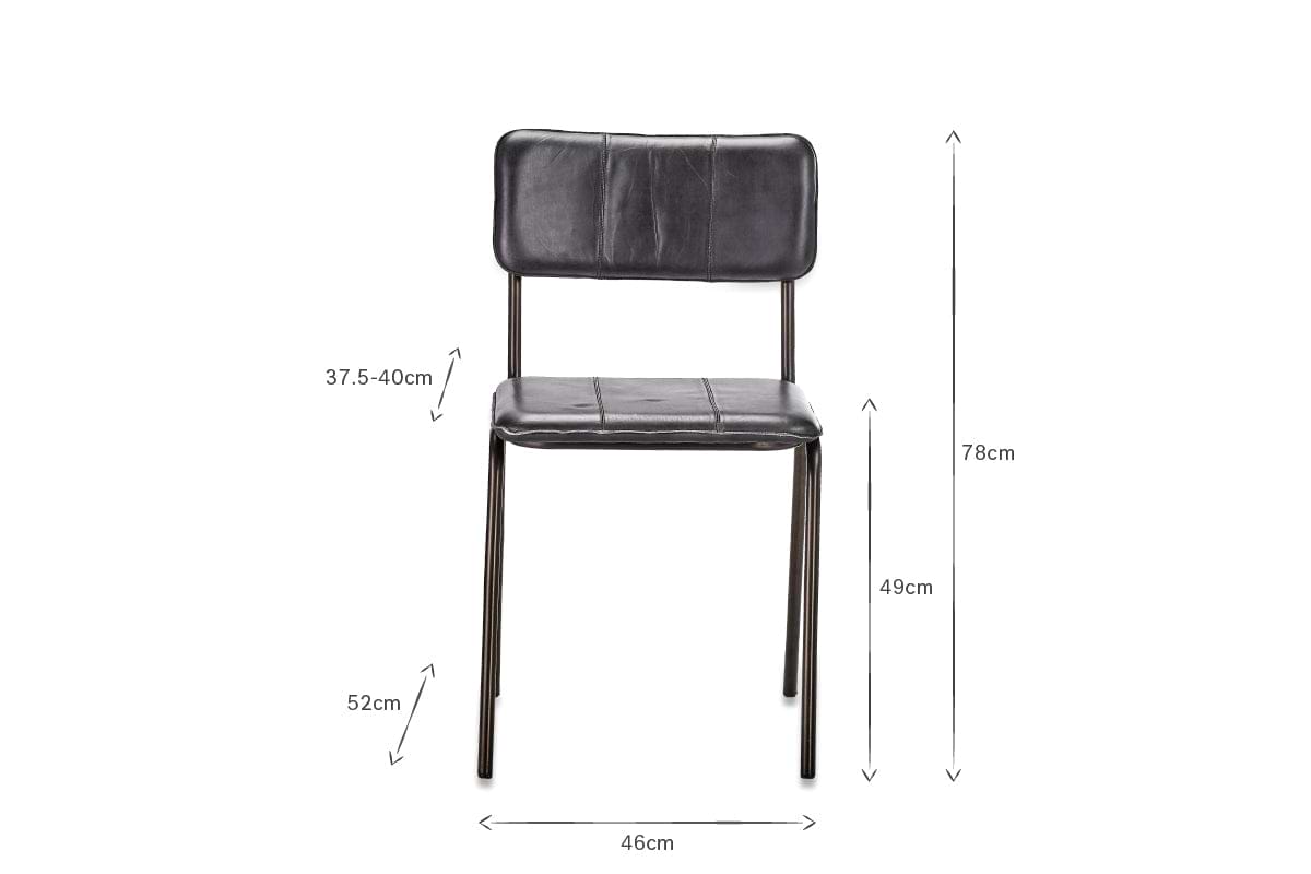 The nkuku Ukari Leather Dining Chair in Aged Black features buffalo leather upholstery, stitched detail on a rectangular backrest and seat, slim metal legs, and measures 78cm high, 46cm wide, 52cm deep; seat height is 49cm.