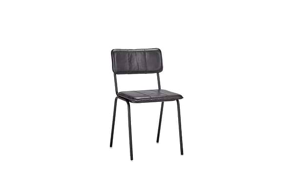 The Ukari Leather Dining Chair – Aged Black by nkuku features buffalo leather upholstery, a padded seat and backrest, and slim metal legs.