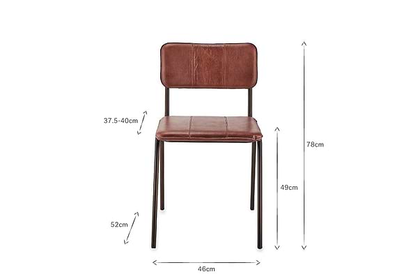 Front view of the nkuku Ukari Leather Dining Chair in Chocolate Brown with buffalo leather upholstery and metal frame. Dimensions labeled: seat height 49cm, seat width 46cm, backrest height 37.5–40cm, leg height 52cm, total height 78cm.