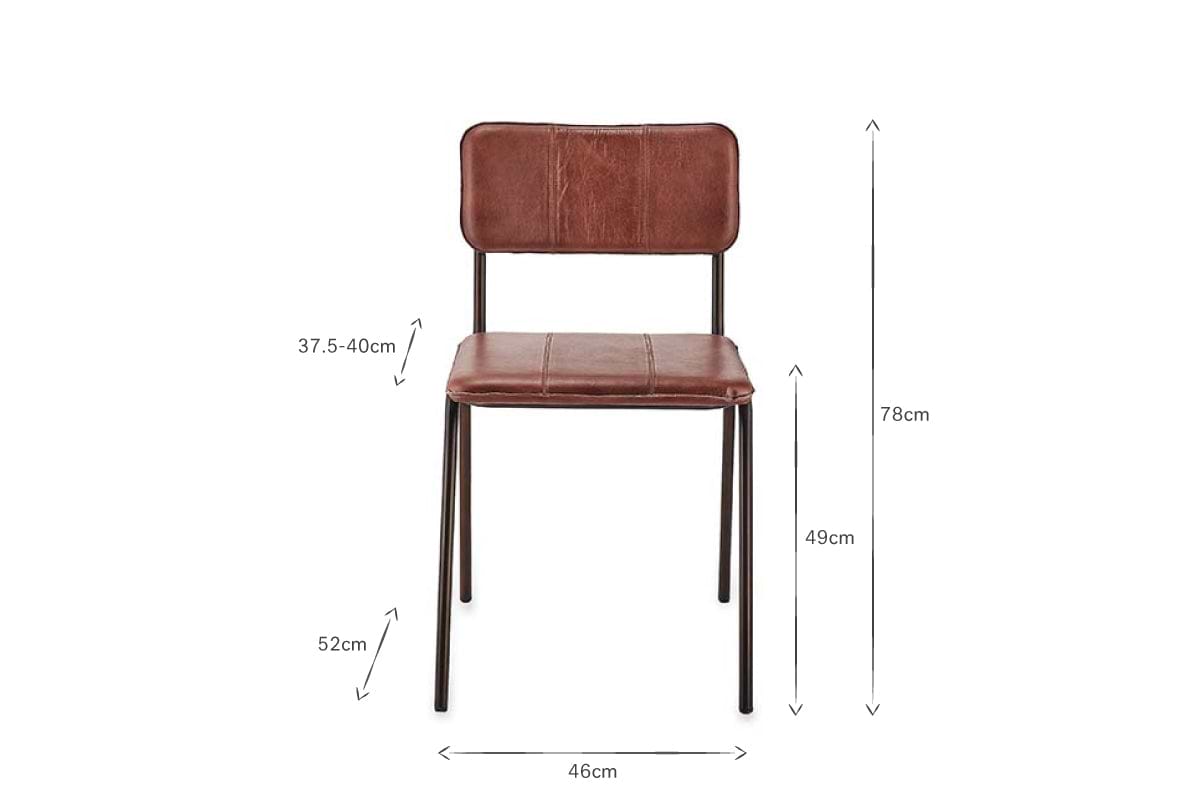 Front view of the nkuku Ukari Leather Dining Chair in Chocolate Brown with buffalo leather upholstery and metal frame. Dimensions labeled: seat height 49cm, seat width 46cm, backrest height 37.5–40cm, leg height 52cm, total height 78cm.