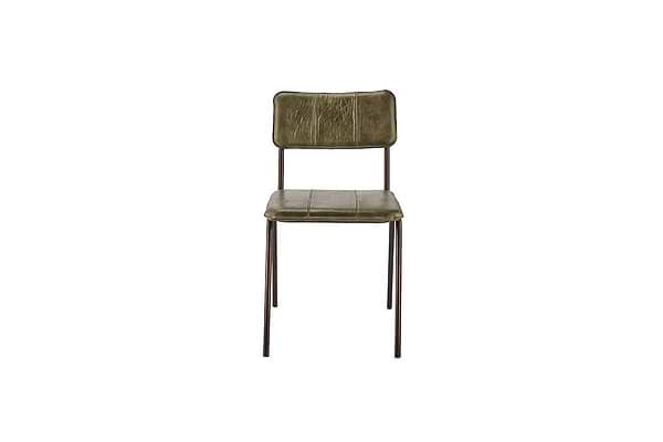 A front view of nkuku's Ukari Leather Dining Chair - Rich Green, featuring weathered green buffalo leather, visible stitching, and four slender dark metal legs for a minimalist, industrial look.