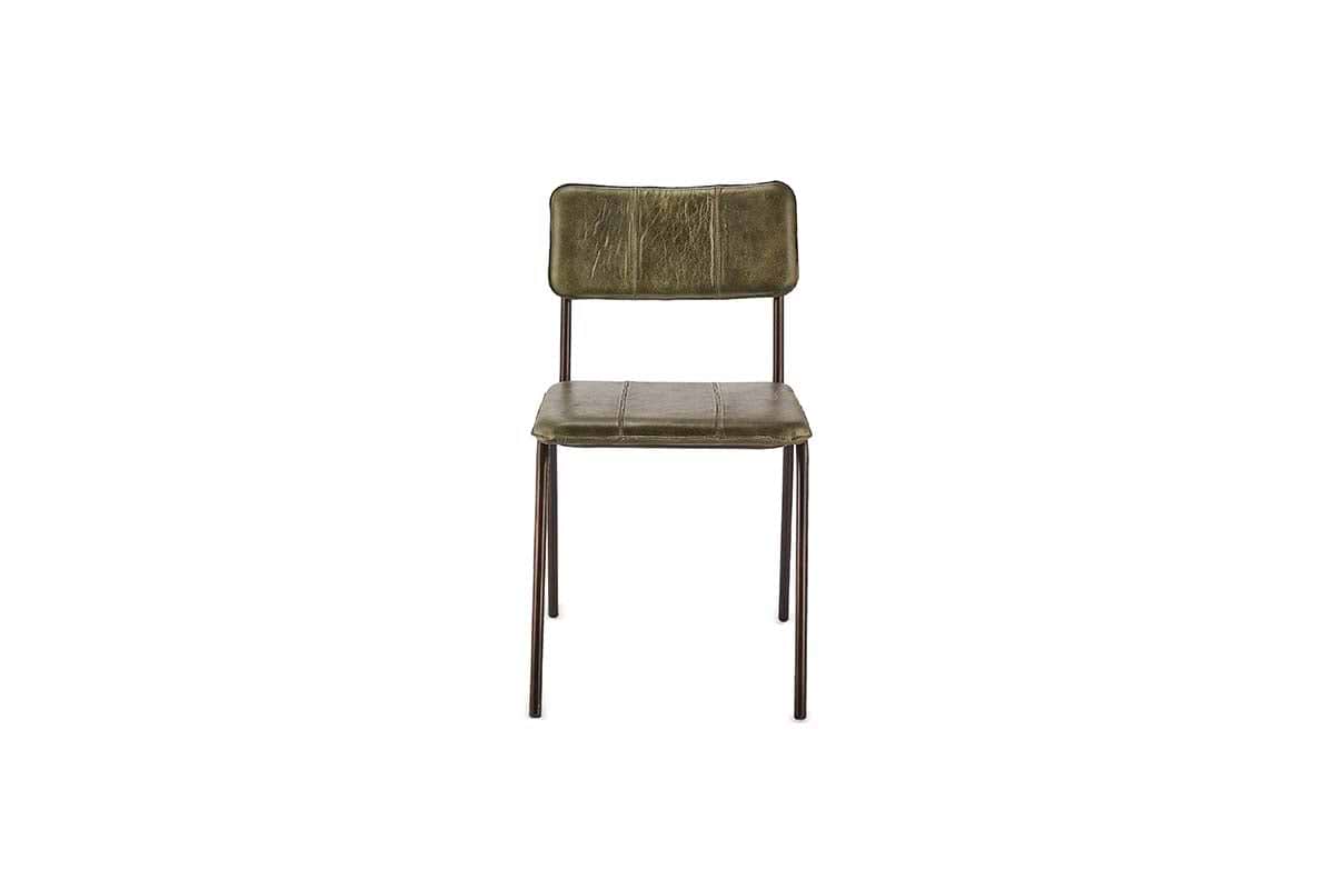 A front view of nkuku's Ukari Leather Dining Chair - Rich Green, featuring weathered green buffalo leather, visible stitching, and four slender dark metal legs for a minimalist, industrial look.