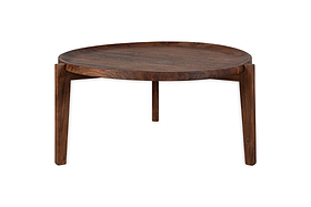 The nkuku Umar Mango Wood Coffee Table in dark brown features a circular design with a raised edge and three sturdy legs. Its modern, sculptural style and clean lines stand out against a plain white background.
