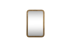The nkuku Ungura Rounded Mirror - Antique Brass - Small features a rectangular shape with softly curved corners, a textured antique brass frame, and is shown isolated on a white background.