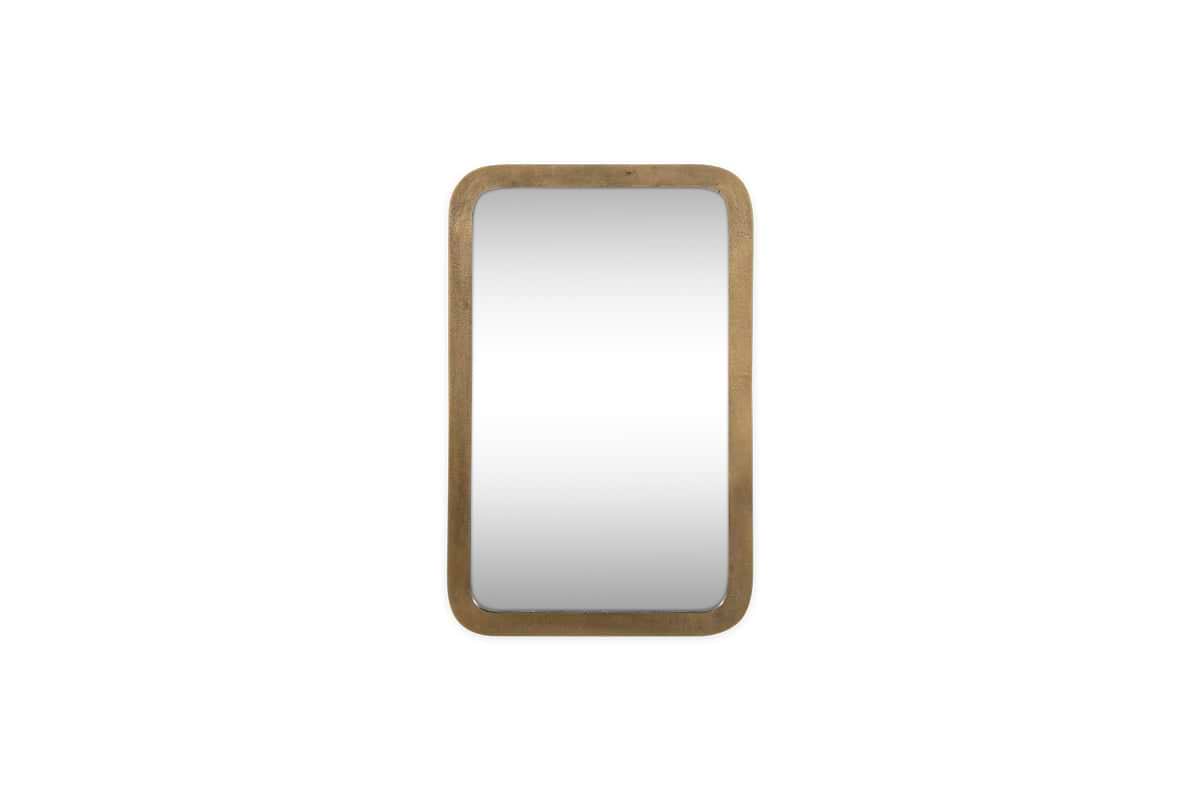 The nkuku Ungura Rounded Mirror - Antique Brass - Small features a rectangular shape with softly curved corners, a textured antique brass frame, and is shown isolated on a white background.
