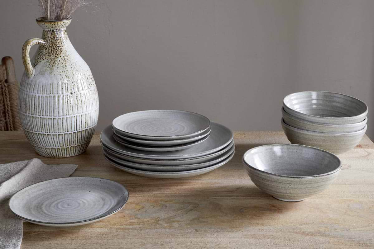 Valinha Earthenware Dinnerware Set - Grey (Set of 12)-TABLEWARE-Nkuku