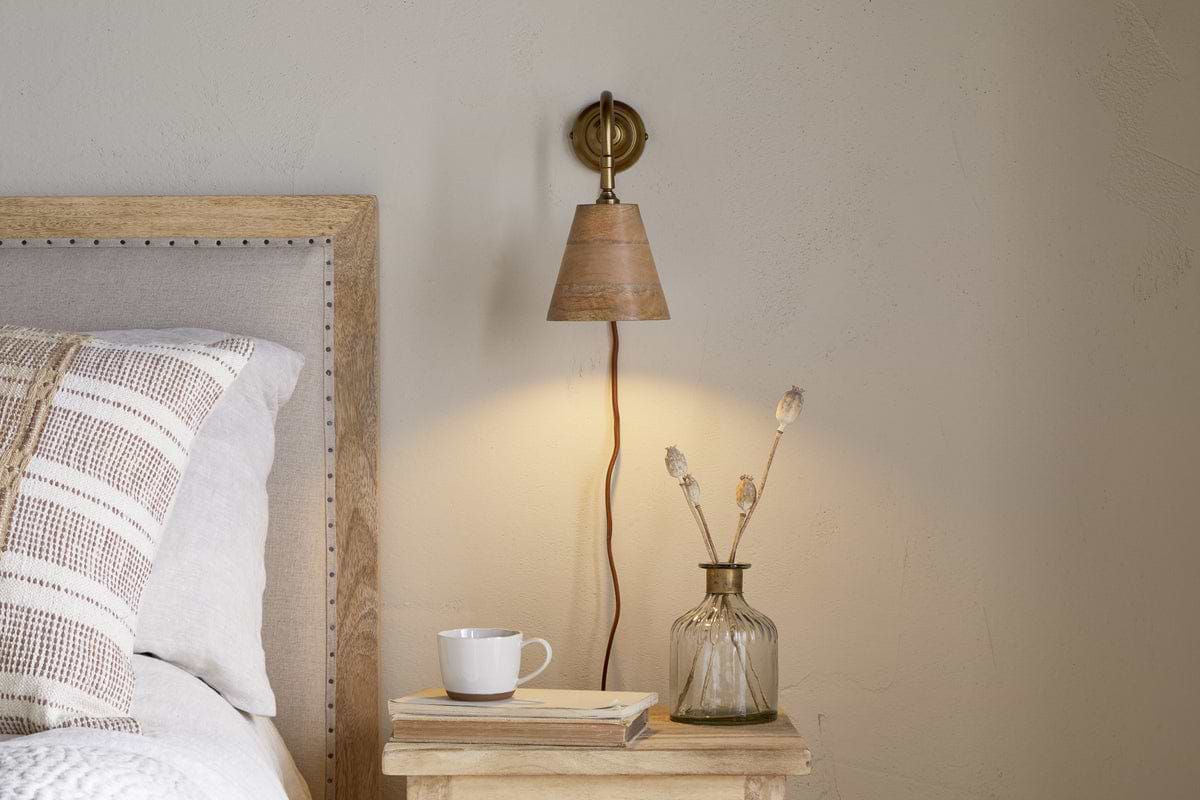 Vattu Mango Wood Plug In Wall Lamp - Natural & Antique Brass-LIGHTS-Nkuku