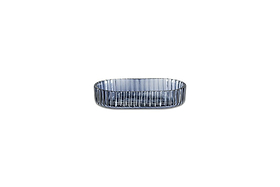 The nkuku Valeska Recycled Glass Soap Dish features an oval shape, vertical ribbed sides, and a smooth rim. Made from recycled glass, this clear dish is perfect for organizing bathroom accessories against a minimalist background.